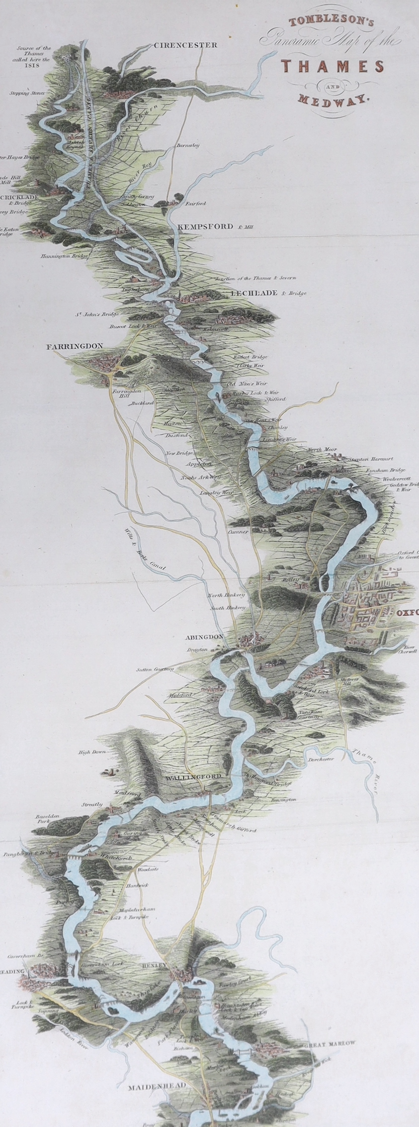 Tombleson's Thames, hand coloured engraved panoramic map of the Thames and Medway, 127 x 24cm